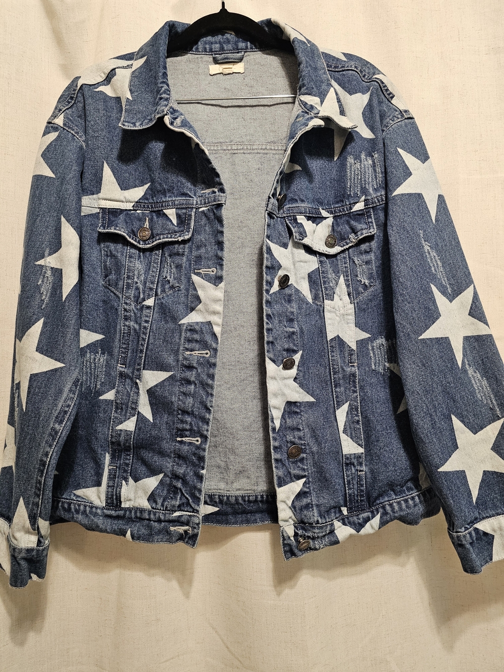 Oddy Women's Distressed Star-Print Denim Jacket